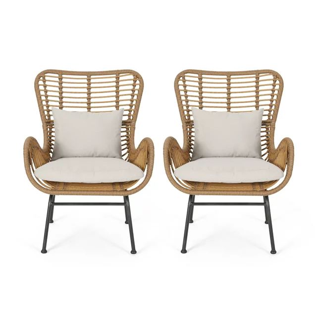 Noble House Marquwz Outdoor Wicker Club Chairs with Cushions, Set of 2, Light Brown and Beige | Walmart (US)