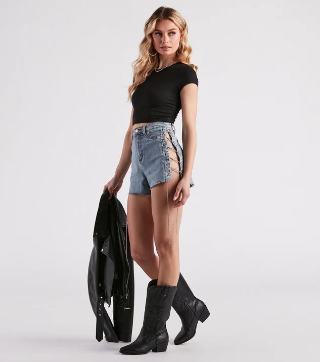 Lace Me Up High-Rise Rhinestone Denim Shorts | Windsor Stores