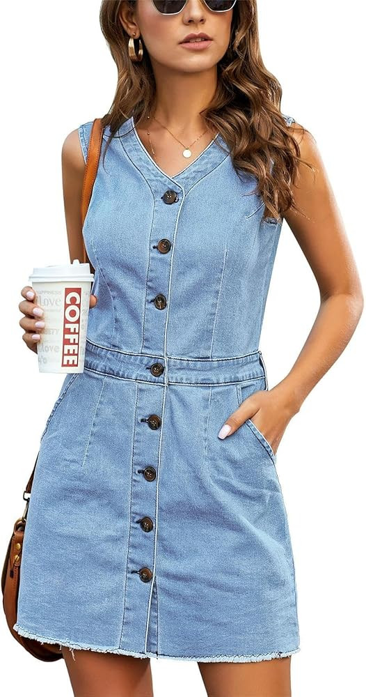 luvamia Women's Casual V Neck Sleeveless Jeans Button Down Denim Short Dress | Amazon (US)