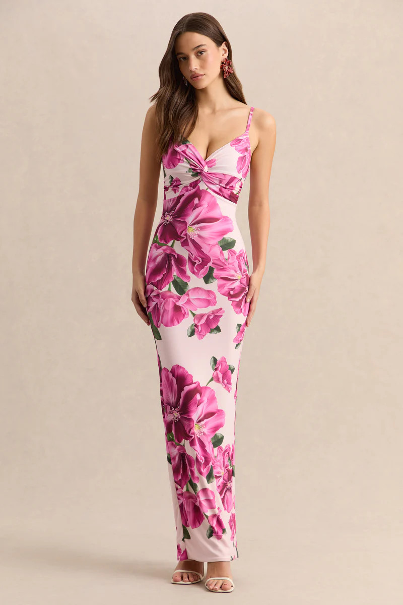 Luz  Pink Hibiscus Floral Print Strappy Maxi Dress | Club L London