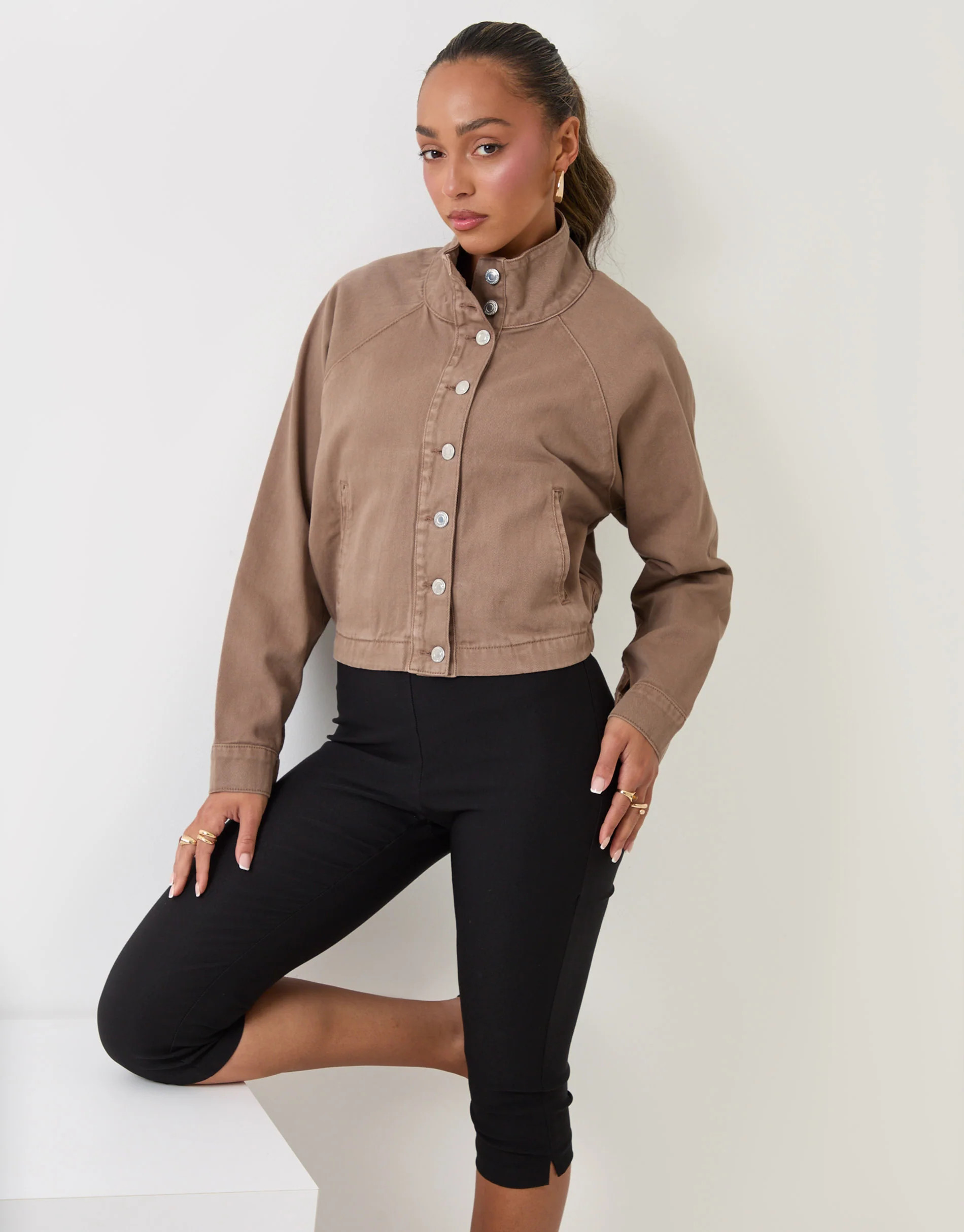 Denim Bomber Jacket in Mocha Brown | Threadbare UK