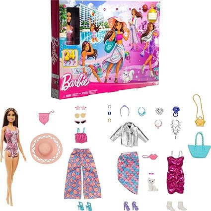Barbie Doll & Fashion Advent Calendar, 24 Clothing & Accessory Surprises Like Swimsuit, Dress, Ha... | Amazon (US)