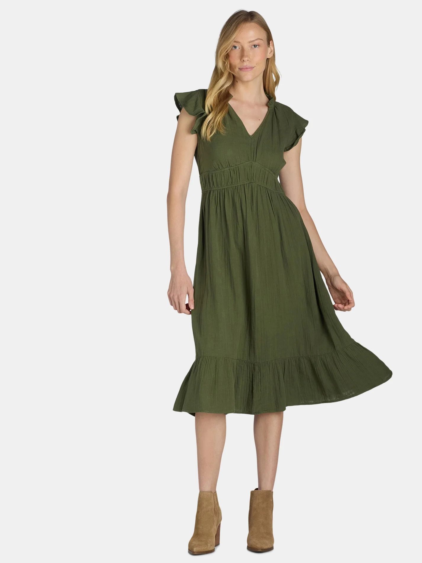 Time and Tru Women's and Women's Plus Double Cloth Midi Dress, Sizes XS-4X | Walmart (US)