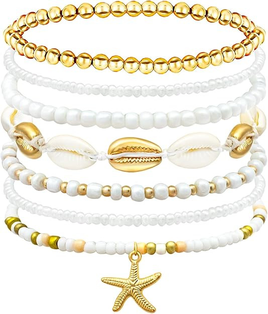 Shell Summer Beach Bracelets for Women Seashell Bracelets Boho Layered Beaded Bracelets Set Starf... | Amazon (US)