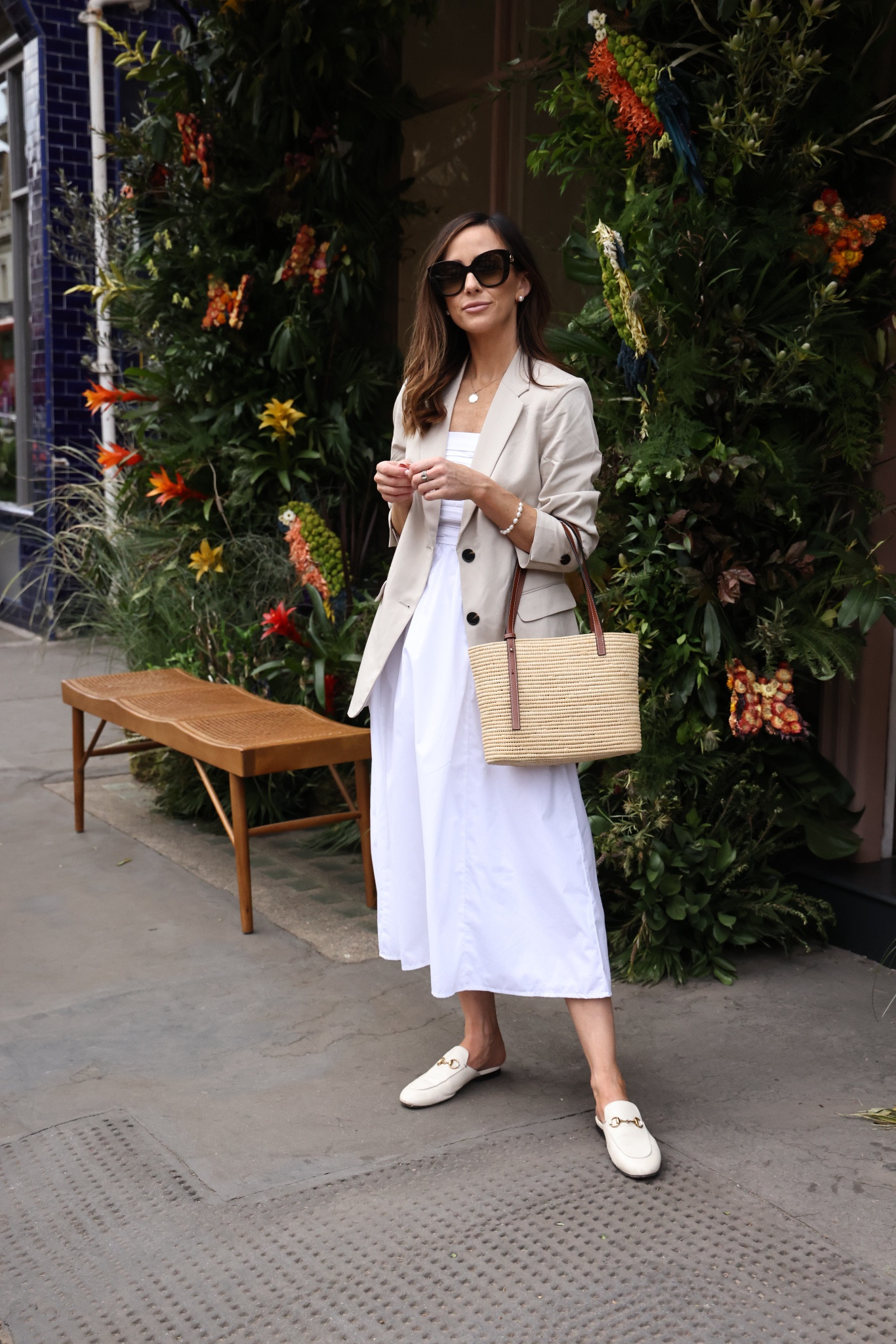 white dress and blazer, white Gucci mules
