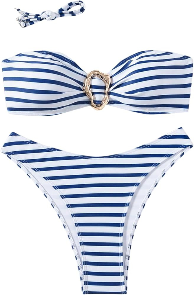GORGLITTER Women's Striped Strapless Swimsuits Metal Bandeau Full Coverage Bikini Sets Cheeky Bot... | Amazon (US)