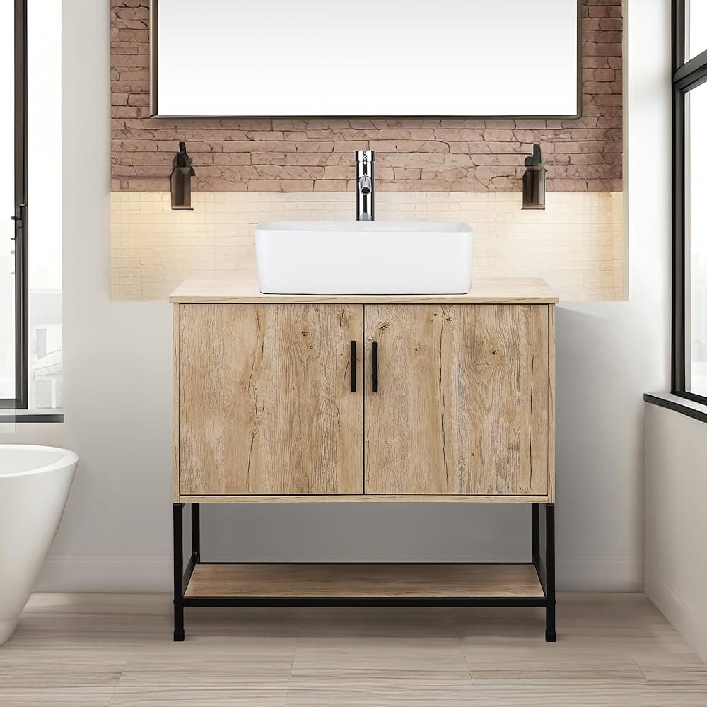 UEV Rustic Oak 36" Bathroom Vanity with Sink,Industrial Iron Frame Bathroom Cabinet Set with Door... | Amazon (US)