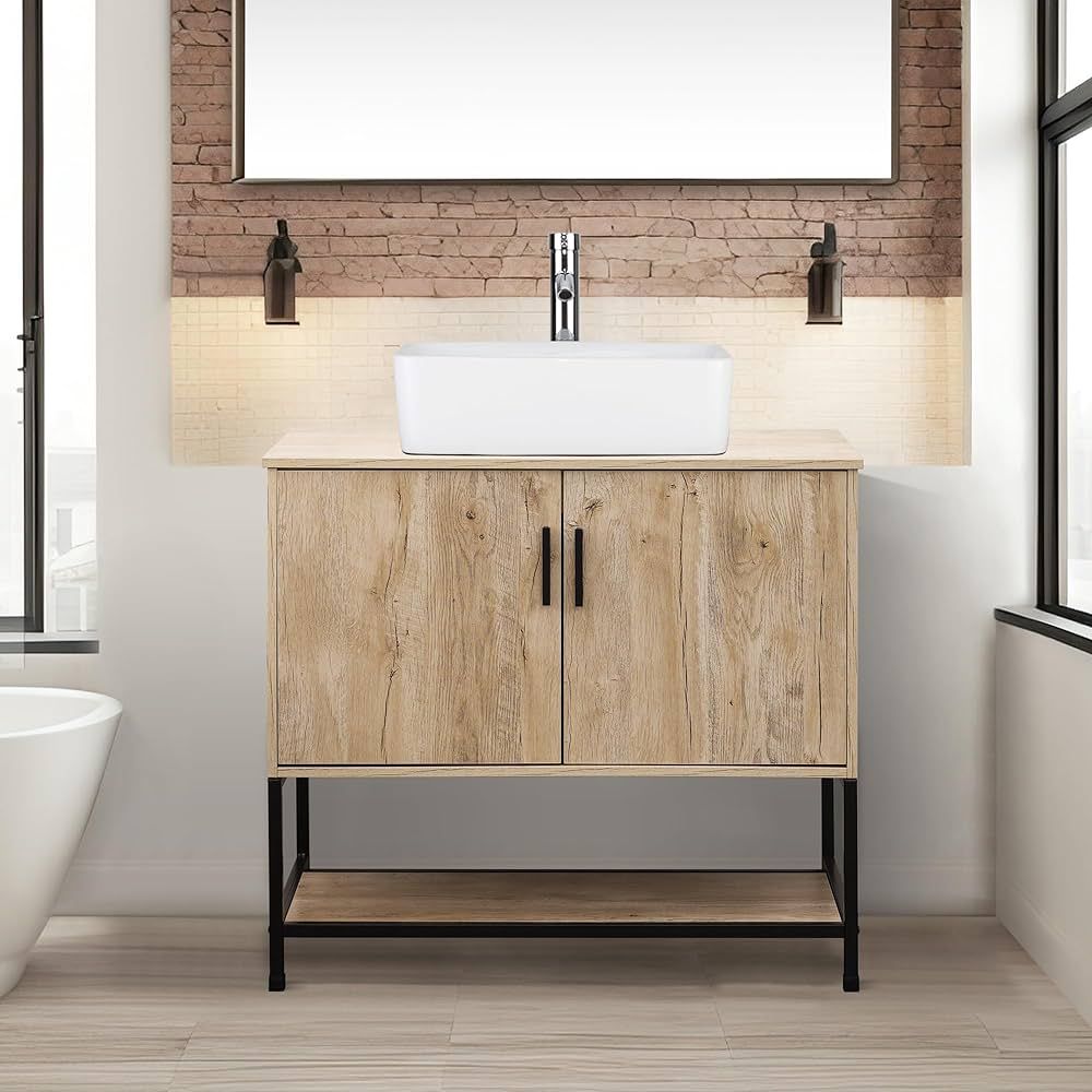 UEV Rustic Oak 36" Bathroom Vanity with Sink,Industrial Iron Frame Bathroom Cabinet Set with Door... | Amazon (US)