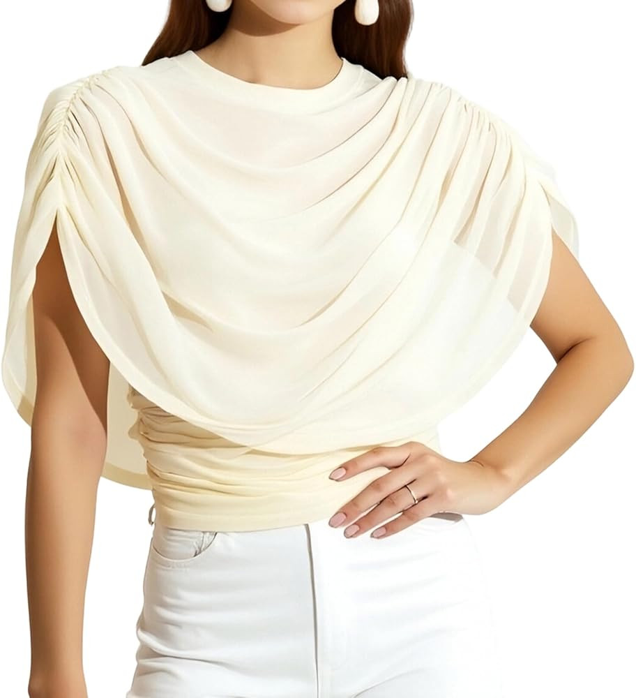 Women Chiffon Cape Top Polka Dot Ruched Ruffle Short Sleeve Shirt Y2K Flowy Poncho Tops | Amazon (US)