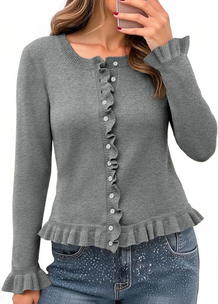 Saodimallsu Womens Ruffle Cardigan Sweaters Button Up Crew Neck Long Sleeve Cropped Sweater Cute ... | Amazon (US)