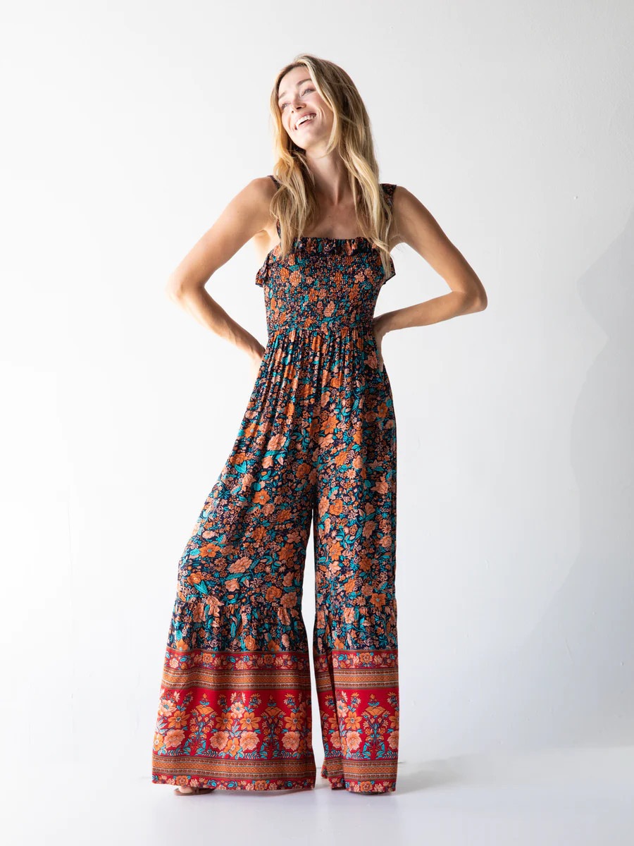 Megan Smocked Jumpsuit - Navy Red Floral Border | Natural Life