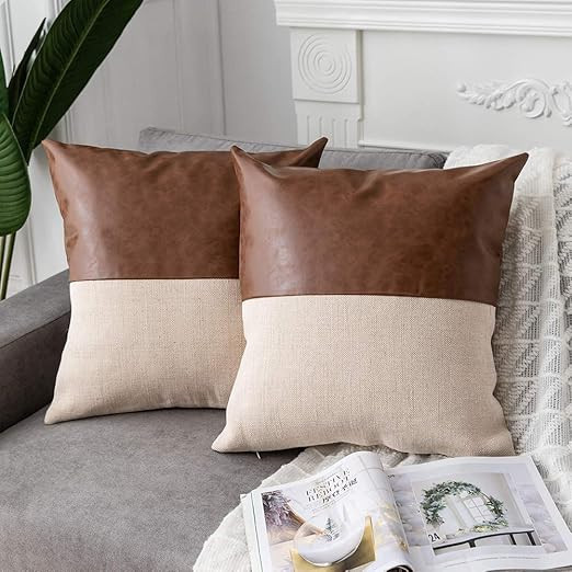 DEZENE 2 Pack Faux Leather with Cotton Linen Decorative Throw Pillow Covers for Couch Sofa Car, A... | Amazon (US)