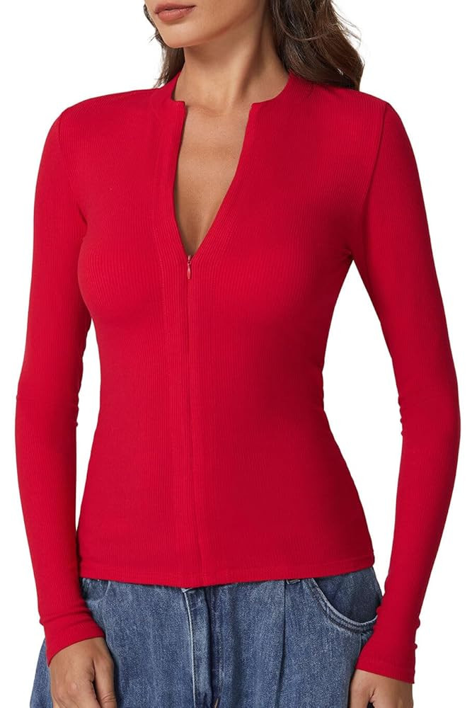 QINSEN Long Sleeve Shirts for Women Crewneck Half Zipper Ribbed Knit Going Out Tops Full Length B... | Amazon (US)