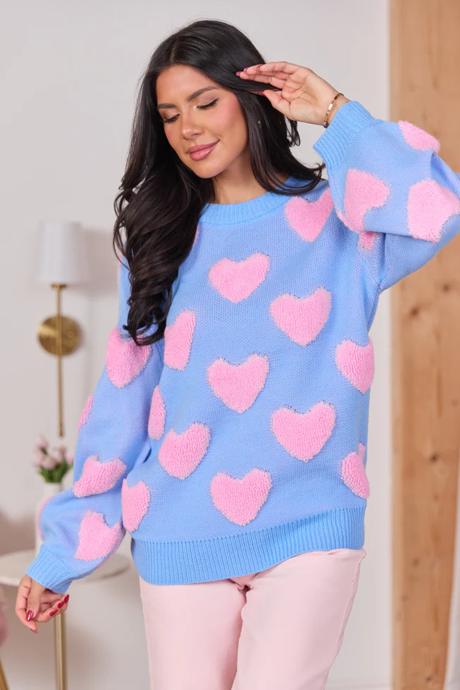 I'll Be There Blue and Pink Fuzzy Heart Sweater | Pink Lily