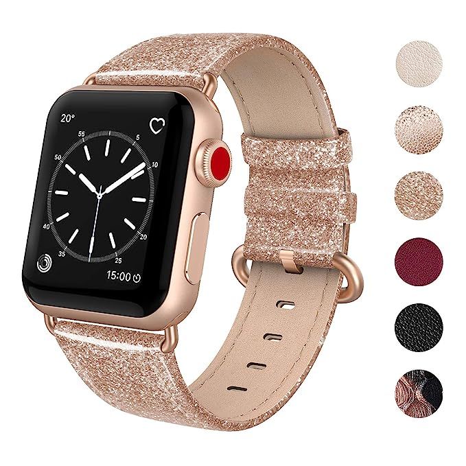 SWEES Leather Band Compatible for Apple Watch 38mm 40mm, Genuine Leather Shiny Bling Glitter Stra... | Amazon (US)