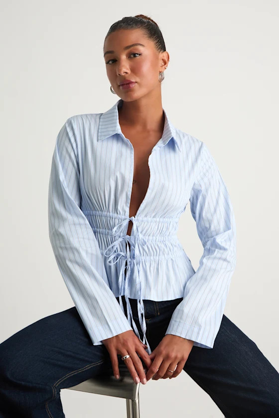 Polished Essence Blue Striped Collared Tie-Front Top | Lulus