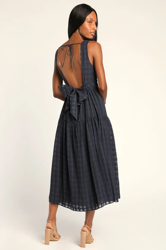What a Trend Navy Blue Tie-Back Tiered Midi Dress | Lulus (US)