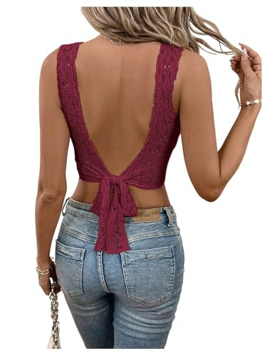 SweatyRocks Women's Country Concert Outfits Tie Backless Lace Crop Top Sexy Going Out Tops Boho Western Outfits Burgundy Medium | Amazon (US)