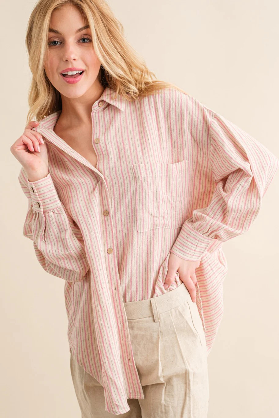 Pink Stripe Oversized Button Down Shirt | PinkBlush Maternity