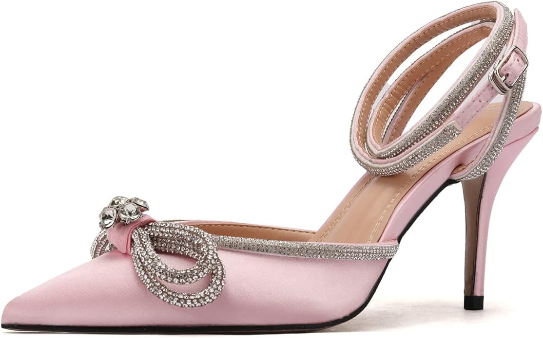 ARQA Women's Rhinestone Ankle Strap Pumps Satin Pointy Stilettos Backless Kitten Heels Wedding Dr... | Amazon (US)