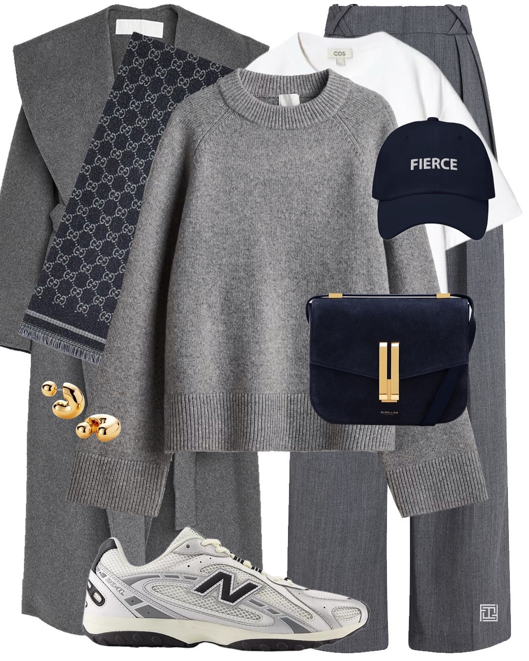 Grey coat grey tailored trousers navy suede bag navy Fierce baseball cap Gucci scarf casual chic outfit 

#LTKuk #LTKeurope #LTKwinter