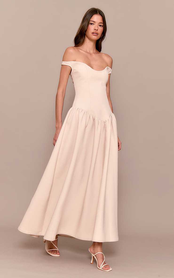 Cream Woven Dipped Bardot Ruched Midaxi Dress | Dresses | PrettyLittleThing US