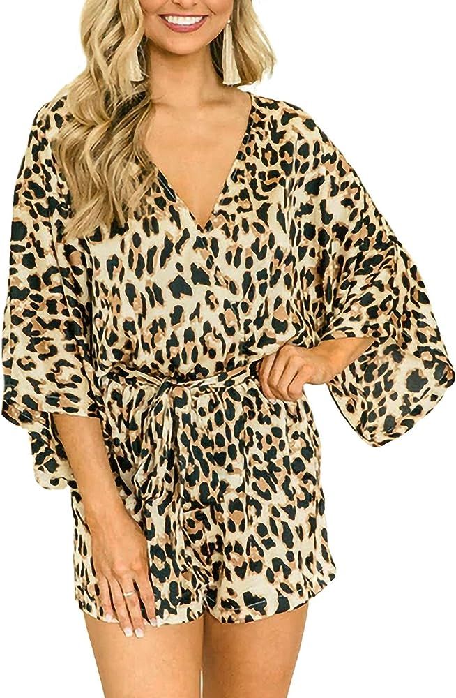 Women's Jumpsuits Leopard Print V Neck Baggy Sleeve Waist Tie Loose Casual Short Rompers | Amazon (US)