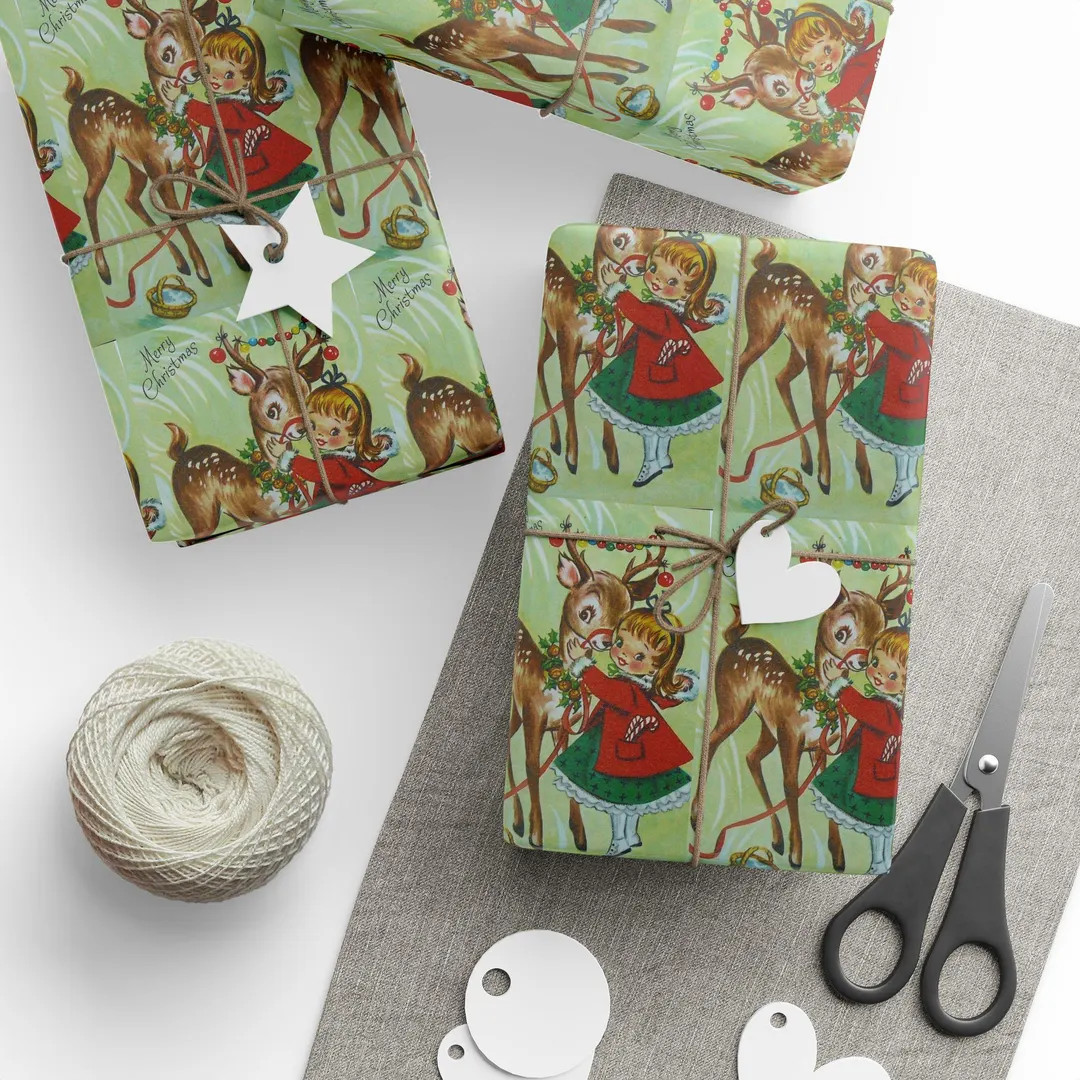 Vintage Girl and Deer Merry Christmas Wrapping Papers | Etsy (US)