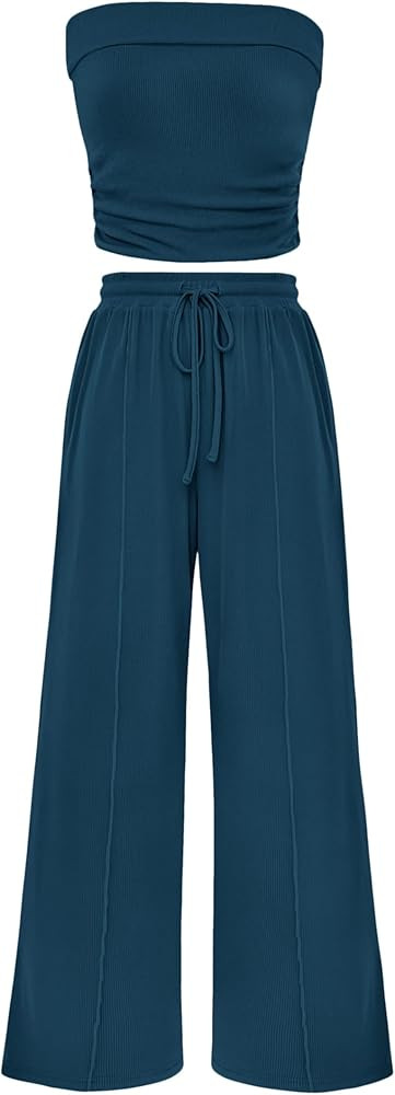 PRETTYGARDEN Womens Summer Outfits 2 Piece Sets Casual Ribbed Knit Crop Tube Top Wide Leg Pants S... | Amazon (US)