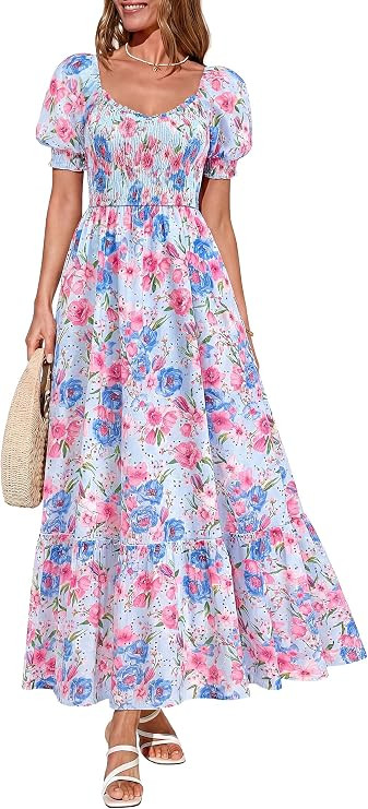 PRETTYGARDEN Women's Floral Boho Maxi Dresses Flowy Short Sleeve A Line Smocked Eyelet 2026 Summe... | Amazon (US)