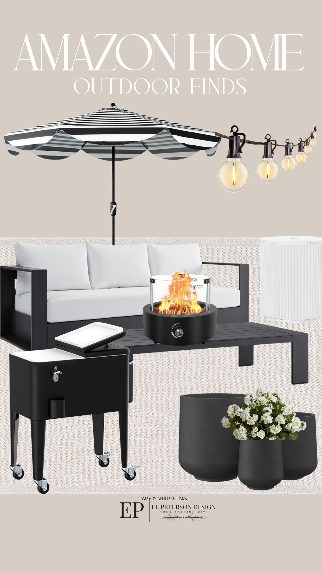 Amazon outdoor 
Umbrella
Rug
Fire pit
Planters
Ice chest 
Sofa table 

#LTKHome