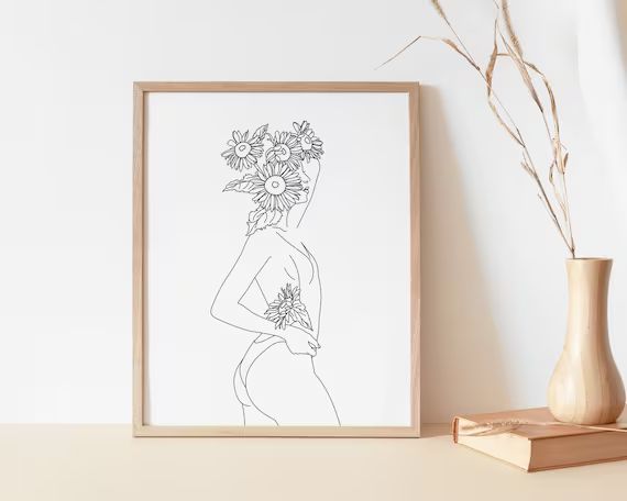 Sunflower Woman Art Print  Line Drawing Of Woman With Flowers | Etsy | Etsy (US)