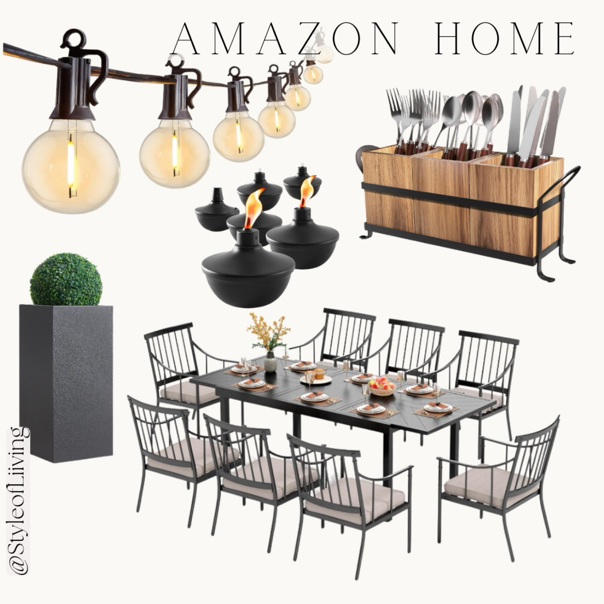 Outdoor patio dining furniture. String lights, dining table and chairs, utensil holder, tabletop tiki torches, faux plants. Patio set. #founditonamazon #amazonhome

#LTKfamily #LTKSeasonal #LTKhome