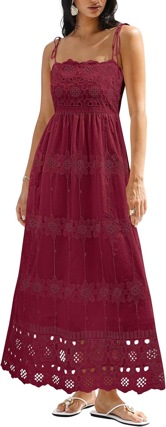 dowerme Womens Spaghetti Strap Eyelet Cotton Boho Maxi Dress | Amazon (US)
