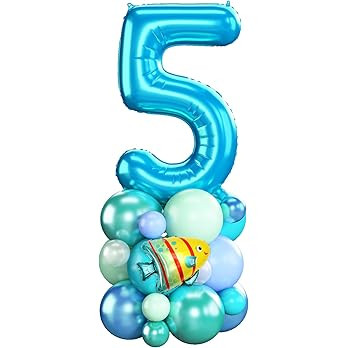 40 Inch Number 5 Balloon Blue Ocean Under the Sea Number Five Foil Balloons Tower with Shark Bubb... | Amazon (US)