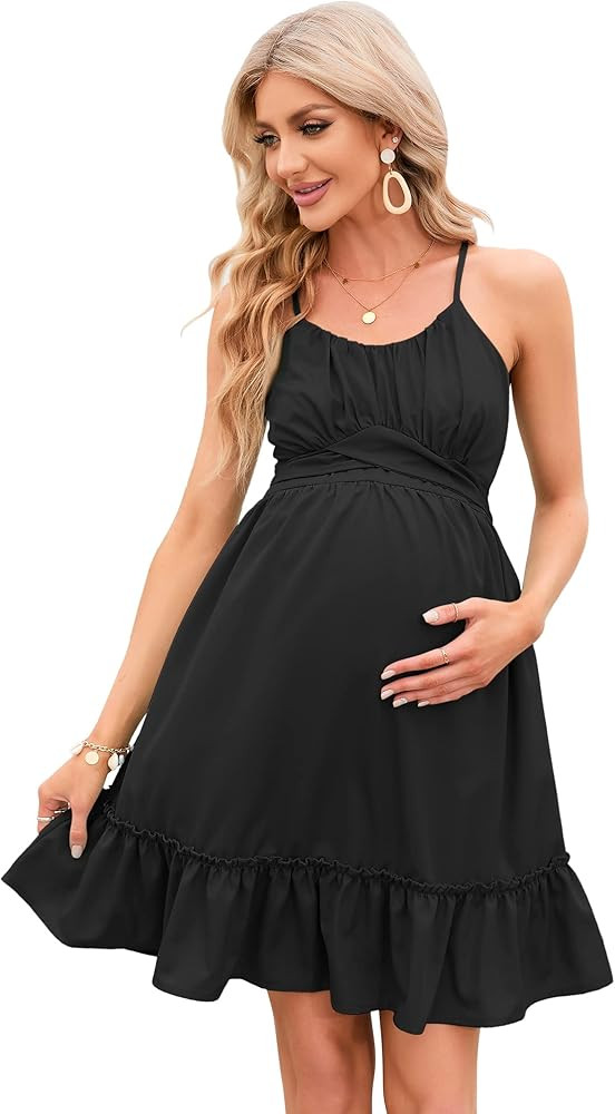 FUNJULY Women's Ruched Cami Maternity Dress Ruffle Summer Casual Spaghetti Strap Mini Dress with ... | Amazon (US)