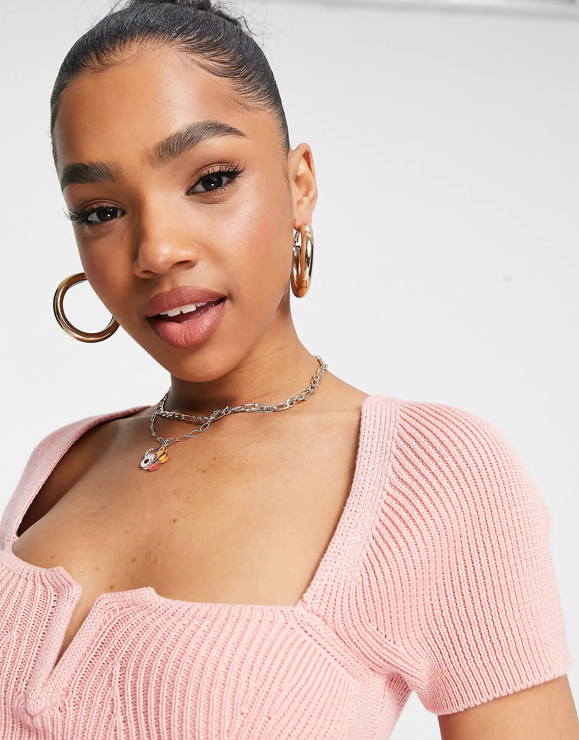 ASOS DESIGN sweater with V notch neck in pink | ASOS (Global)
