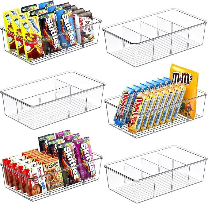 6 Pack Food Storage Organizer Bins, Clear Plastic Pantry Organizer with Removable Dividers, Pantr... | Amazon (US)