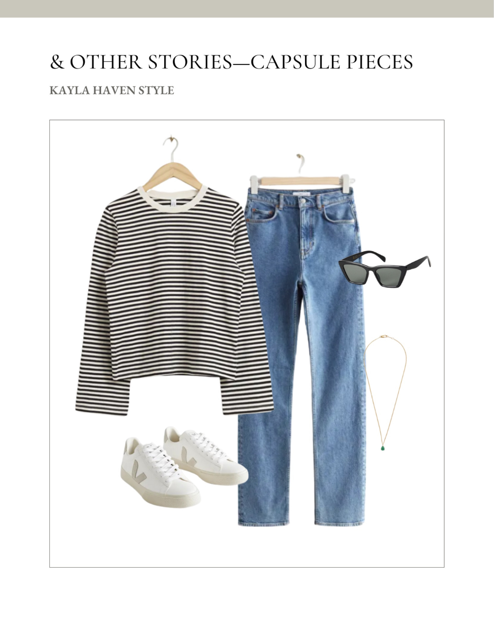 & Other Stories capsule wardrobe staples! Denim, jeans, striped shirt, veja sneakers, sunglasses, pendant necklace. 

#LTKfit #LTKstyletip #LTKFind