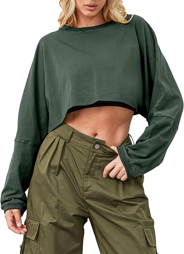 Cropped Sweatshirt Long Sleeve Crop Top Workout Oversized Sweatshirt Loose Crop Tops For Women Cr... | Amazon (US)
