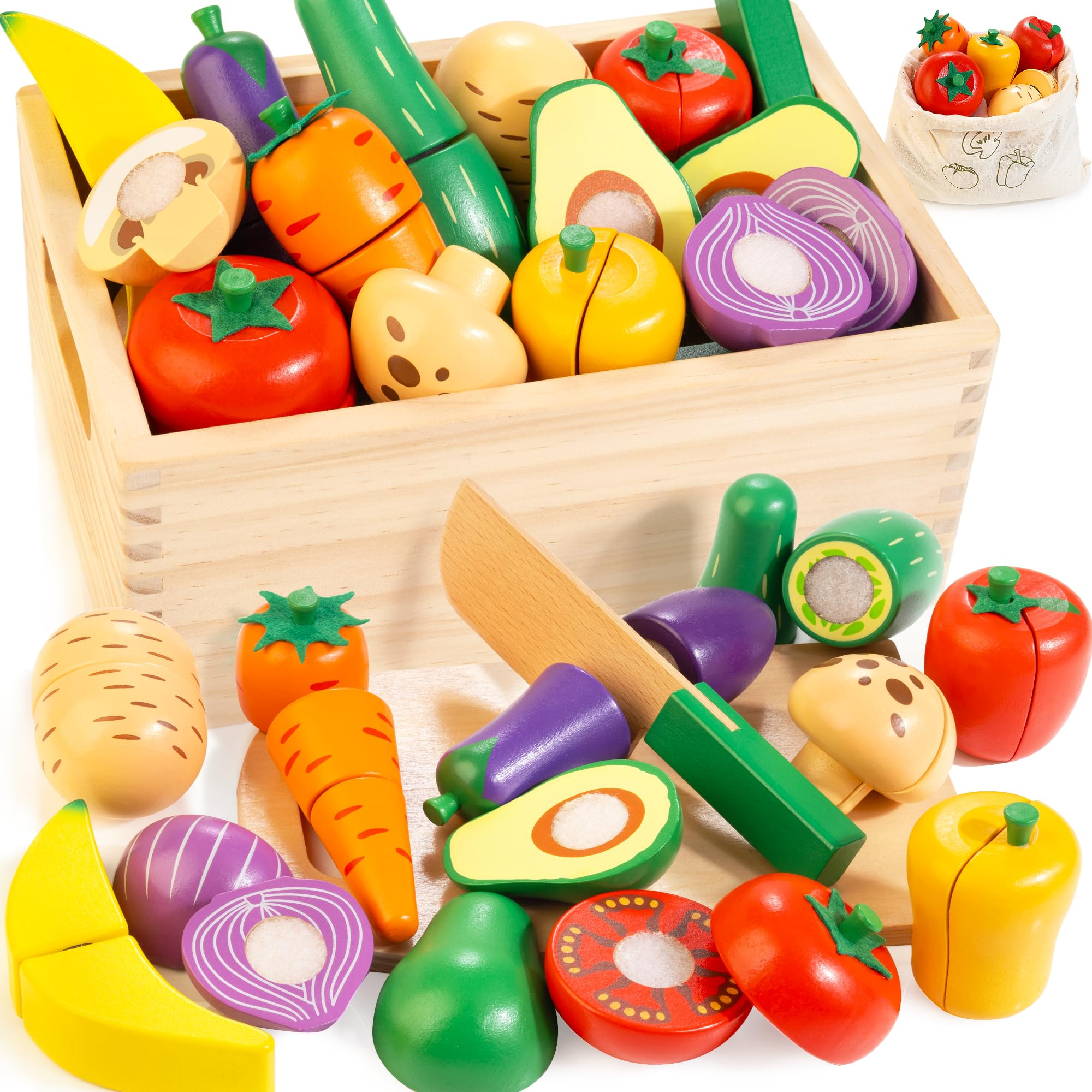 Wooden Play Food Set for Kids Kitchen | Cutting Veggies & Fruits Toy Food Set with Storage Case & Bag, Play Kitchen Accessories, Pretend Play Food for Toddlers 3+ | Amazon (US)
