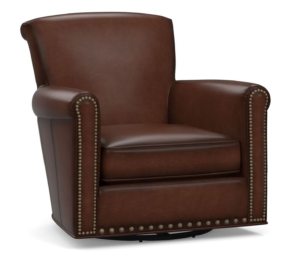 Irving Leather Swivel Armchair, Bronze Nailheads, Polyester Wrapped Cushions, Leather Burnished Waln | Pottery Barn (US)