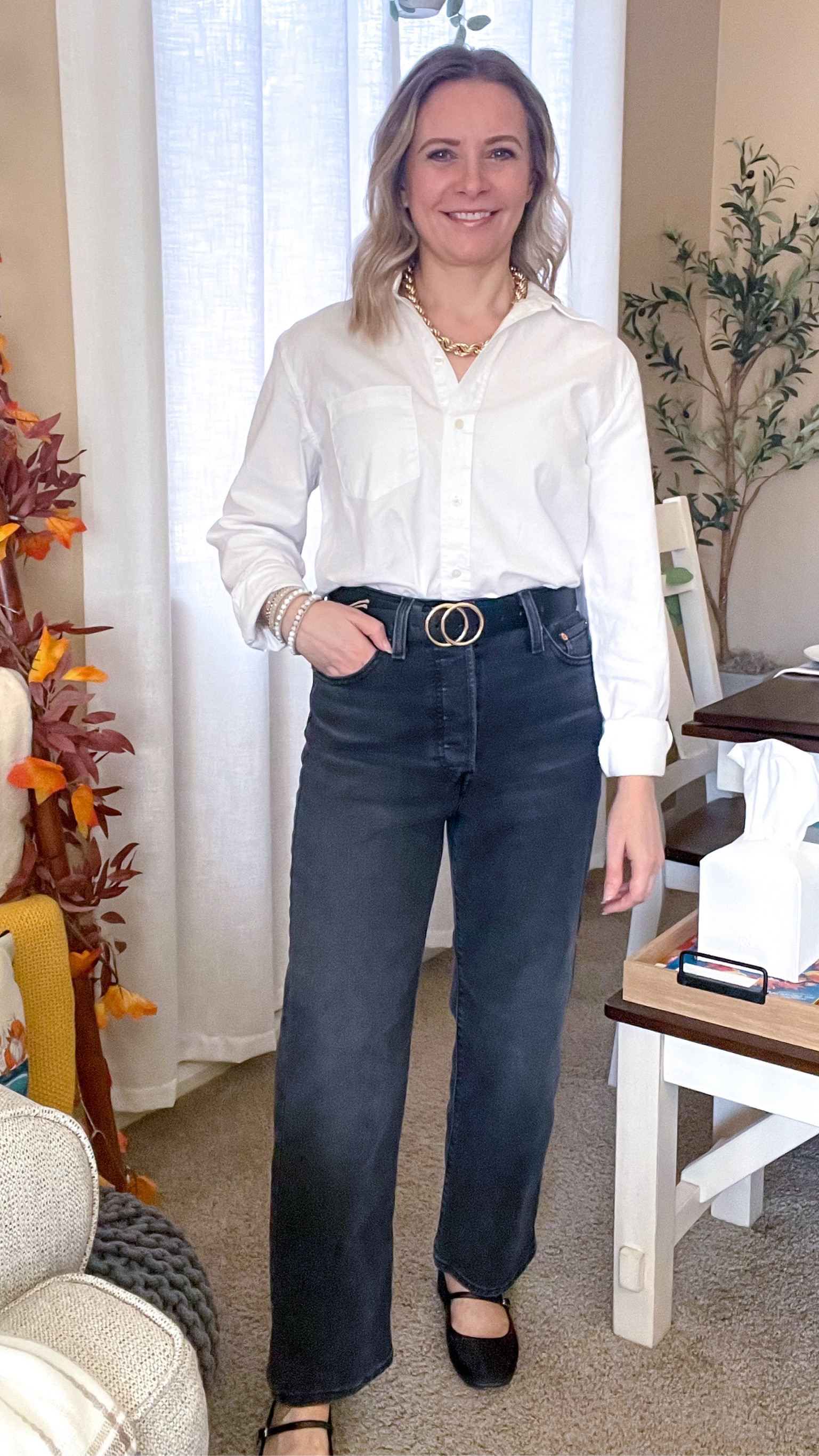 Classy and timeless outfit idea: white button down shirt, black jeans, statement necklace, belt and ballet flats. 







White shirt, classic button down shirt, classic white shirt, target button down shirt, universal thread shirt, fall outfits, 
high rise jeans, denim, rope chain necklace, office outfit, fall fashion 

#LTKFallSale 

#LTKShoeCrush #LTKOver40 #LTKFindsUnder100 #LTKFindsUnder50 #LTKStyleTip #LTKSeasonal #LTKVideo #LTKWorkwear