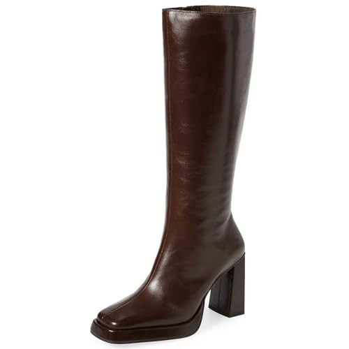 Dsevht Brown Leather Knee High Boots for Women Platform Chunky Block Heeled Tall Long Boots Square Toe and Side Zipper Design Fashion Dress 70s Gogo Boot | Amazon (US)