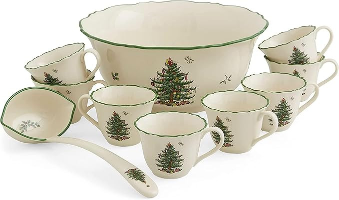 Spode Christmas Tree 10 Piece Punch Set - Fine Porcelain Holiday Serveware Includes 1 Serving Bow... | Amazon (US)