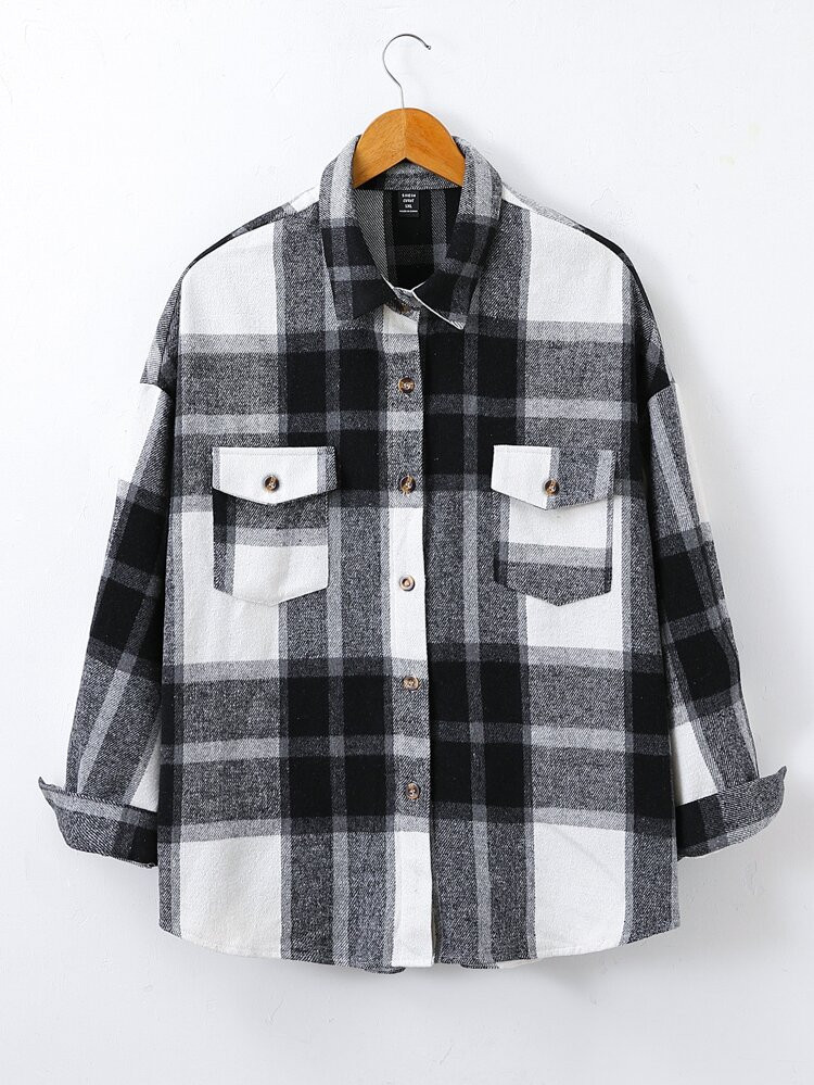 Plus Plaid Print Pocket Front Drop Shoulder Shirt | SHEIN