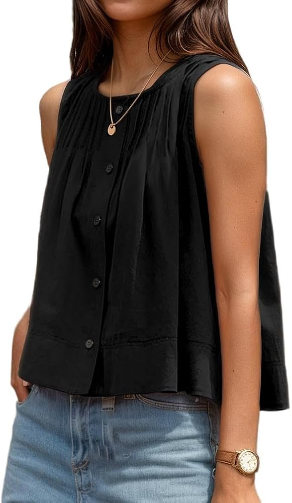 Crop Linen Tank Tops for Women Summer Pleated Sleeveless Vest Crewneck Button Down Cotton Shirt B... | Amazon (US)