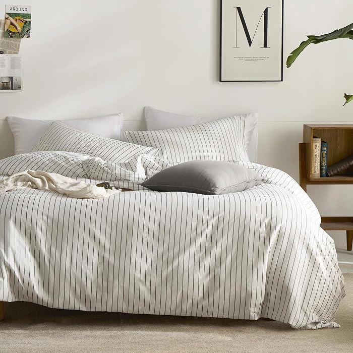 JELLYMONI Striped Duvet Cover Set - King Size 100% Cotton - 3PCS White & Grey Vertical Stripes Be... | Amazon (US)