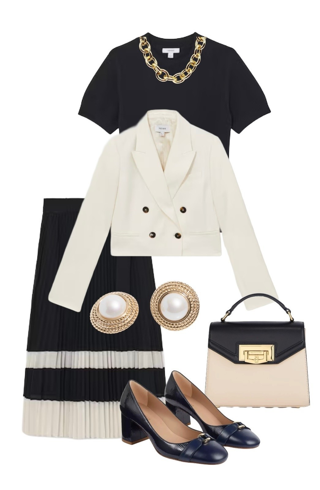 I just love this timeless, old money navy & cream look - reminiscent of outfits worn by Jackie Kennedy in the 1960s and Princess Diana in the 1990s who loved two tone styles! It would be very easy to dress up with a hat for attending a wedding too, and from formal to every day, you’ll have plenty of wear out of each piece - from the knitted navy short sleeve that goes with everything to the jacket which would look great with jeans. 

Millie Double-Breasted Cropped Blazer in Cream (on sale), Cotton & Wool Crew-Neck Top in Navy (on sale), Belted Pleated Midi Skirt in Navy/Ivory (on sale) - all Reiss

Cheltenham Handbag in Navy & Cream - Holland & Cooper

Pearl Gold Plated Clip Statement Earrings - Jon Richard at John Lewis 

‘Kate’ Closed Court Shoes in Navy Leather - LK Bennett (on sale) 

#LTKsale #LTKluxury #LTKeurope