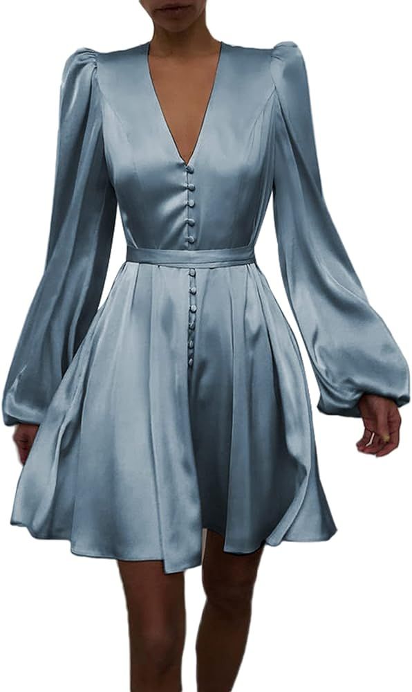 Celmia Women's Vintage Satin Wrap Mini Dress V Neck Long Sleeve Party Work Dress Causal Ruffle Sh... | Amazon (US)